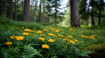 Obraz premium Vibrant yellow wildflowers bloom in a lush sunlit forest clearing surrounded by green foliage and tall trees