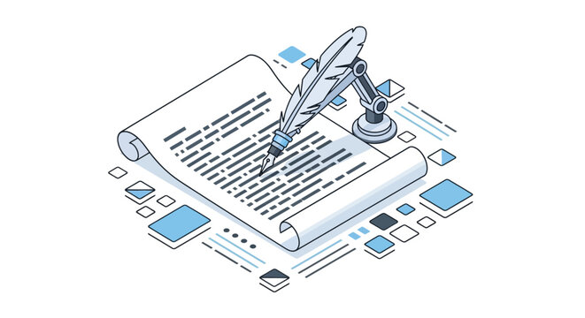 AI Content Creation and Automated Copywriting Isometric Illustration: Robotic Arm Writing on a Scroll with a Quill Pen