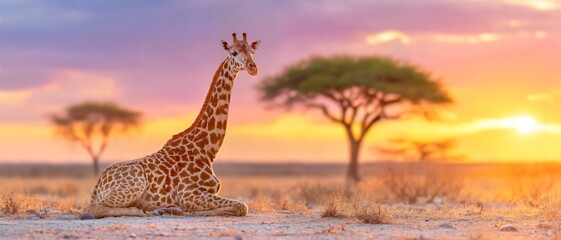 Fototapeta premium Giraffe rests in golden savanna at sunset