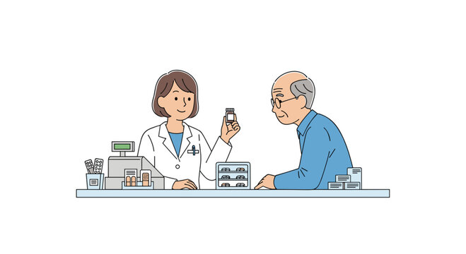 An illustration shows a female pharmacist holding a medicine bottle and talking to an elderly male customer at a counter.