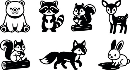 Fototapeta premium Black and white woodland animals vector art with bear fox rabbit and deer