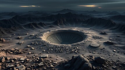 A massive crater sits in a barren landscape with mountains in the distance