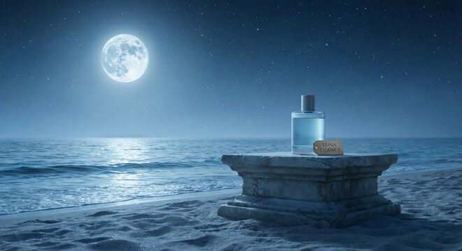 Clear perfume bottle with a dark top and an 'Luna Essence' tag rests on a stone pedestal on a sandy beach under a full moon and starry night sky.