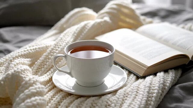 A white cup of tea sits on a saucer atop a cream-colored knit blanket next to an open book. Soft, natural light illuminates the cozy scene, suggesting a moment of relaxation and quiet enjoyment.