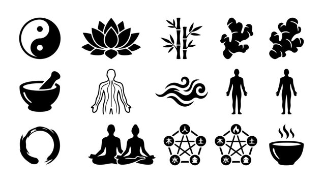 Holistic Wellness and Traditional Chinese Medicine Icon Set &ndash; Yin Yang, Lotus, Energy and Meditation Symbols
