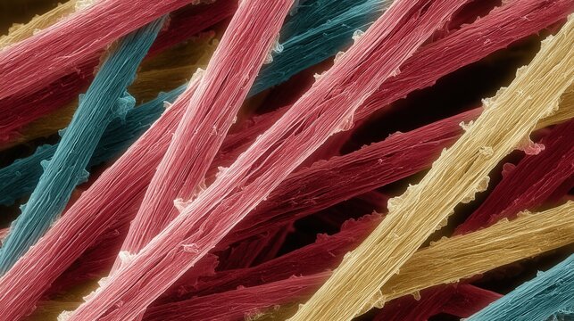 Closeup microneedle patch backing showing multicolored woven fibers and filamentous matrix, coarse textile weave provides adhesive support and breathability, suggested context in wearable patch