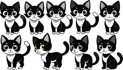 Fototapeta premium Set of cartoon black and white cats in different poses and expressions cute animals