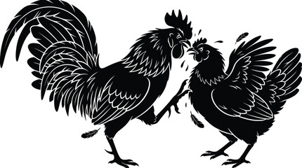 Fighting Roosters Cockfight Silhouette Illustration, Angry Chicken Combat Scene, Farm Animal Poultry Battle Concept, Black and White Vector Graphic, Isolated © Mst