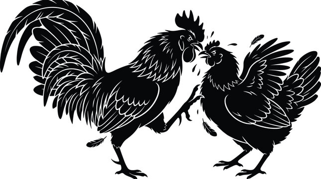 Fighting Roosters Cockfight Silhouette Illustration, Angry Chicken Combat Scene, Farm Animal Poultry Battle Concept, Black and White Vector Graphic, Isolated