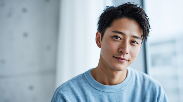 ミニマルな室内で静かに微笑む三十代男性のクローズアップ ｜ 澄んだ瞳
