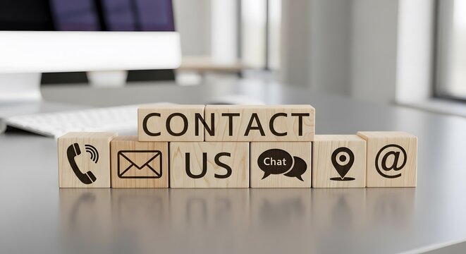 Contact us section with various communication method icons displayed prominently