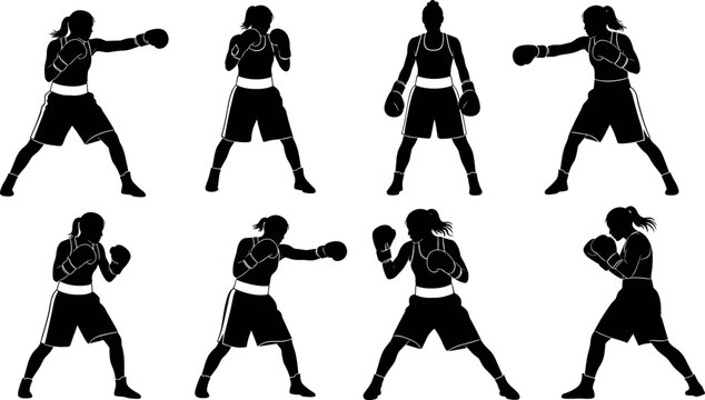 Female Boxer Silhouette Set with Various Fighting Poses Training Actions and Athletic Stances for Combat Sports Design and Fitness Graphics