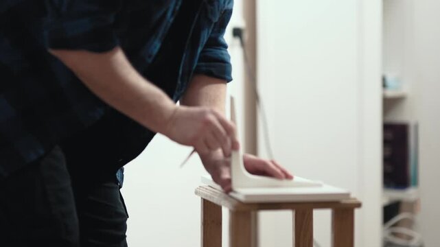 Close up of man screwing bolt into wall shelf with manual screwdriver, DIY home repair, 4K.