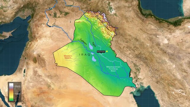 Topographic Map of Iraq with Elevation, Rivers, and Geographic Regions