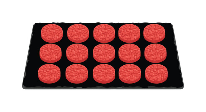 Fifteen perfectly circular raw red beef burger patties are meticulously arranged in three rows on a textured black slate board over a white background.