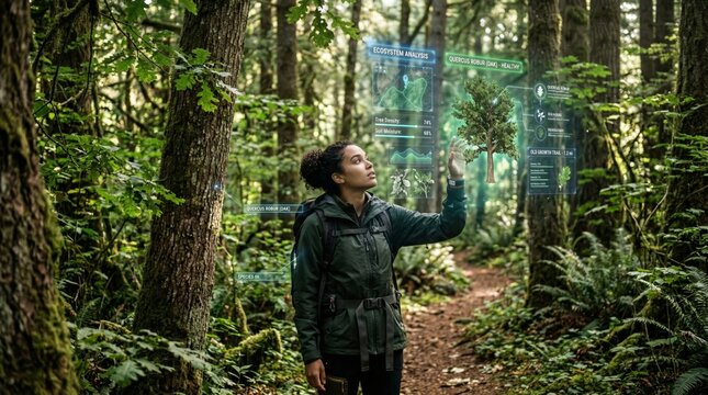 Woman in forest using glowing green digital augmented reality map interface, future ecological environment research concept, scifi navigation tech.