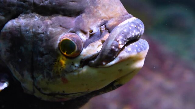 Close up head of an elephant ear fish gourami resting underwater in a river