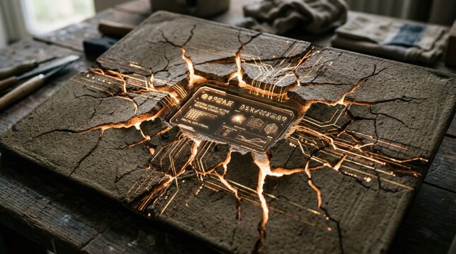 Large glowing golden digital circuit board pattern on ancient stone tablet background, future technology archeology concept, scifi artifact discovery.