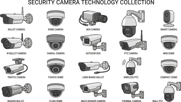 Security camera technology collection, CCTV surveillance system icons, dome bullet and PTZ monitoring equipment, isolated.
