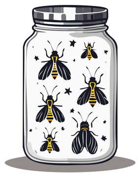 Six glowing fireflies and stars captured inside a clear glass jar with a metal lid