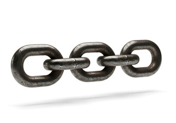 Fototapeta premium Three old metal chain links connected together on white background