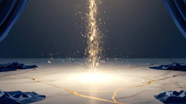 Golden beam descends onto illuminated stage revealing a glowing cube.