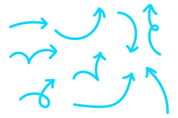 手描き風カーブ矢印セット シンプルな方向指示ラインアイコン素材集　水色 © fii