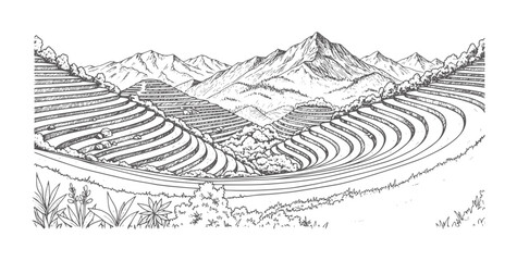 Hand drawn of lush green terraced rice fields with mountains in landscape © Mahin
