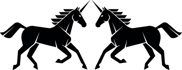 Two Mirroring Black Silhouette Unicorns Galloping Toward Each Other in a Minimalist Vector Logo Style Isolated on a White Background. © DALIARA 