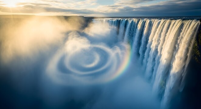 Dramatic waterfall golden light spiral rainbow mist