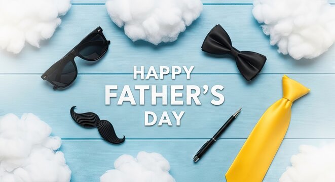 Festive father's day arrangement with bow ties moustache and a yellow tie on blue wood