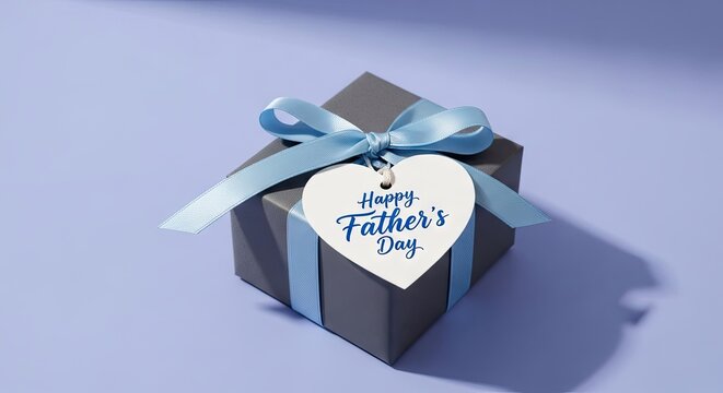 A beautifully wrapped father's day gift with a heartfelt white heart shaped tag and blue ribbon