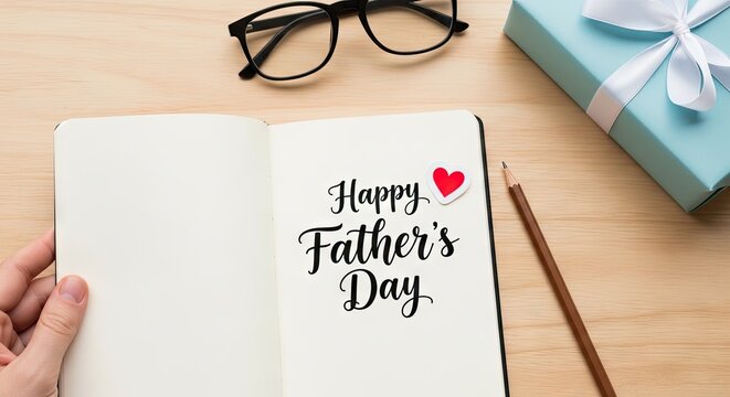 Father's day greeting a heartfelt card glasses and a gift suggest a loving celebration
