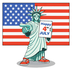 Naklejka premium Patriotic Statue of Liberty illustration with American flag, Happy 4th July sign and pointing finger. Independence Day vector character wearing red sneakers for holiday marketing and greeting