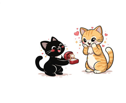 Black cat proposing to orange tabby cat with diamond ring in red box cartoon vector illustration.