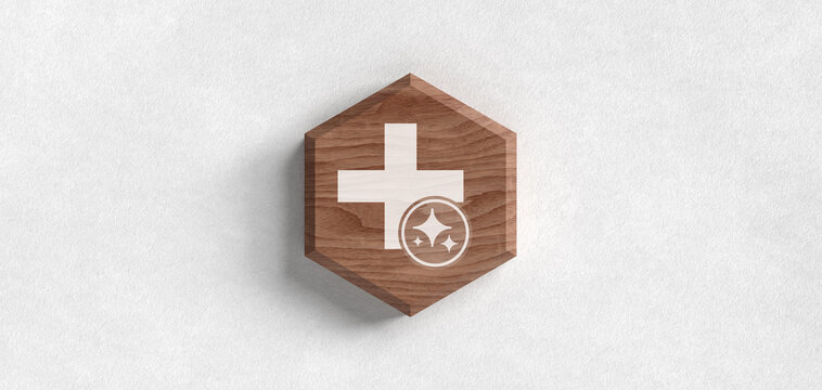 Holzhexagon mit medizinischem Pluszeichen und gl&auml;nzendem KI-Stern-Symbol auf wei&szlig;em Papierhintergrund, konzeptionelle Darstellung von digitaler Transformation und technischer Innov