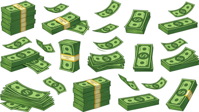 Collection of dollar bill stacks and falling money banknotes, cad drawing flat vector illustration