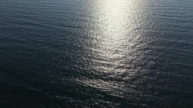 Water stretches far with small waves moving gently under bright sunlight. The clear sky is above the calm sea, showing a vast range of colors in the water and horizon.