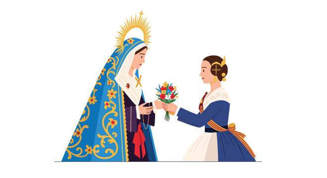 A young woman in a dark blue traditional dress offers a mixed bouquet of flowers to a crowned Virgin Mary figure.