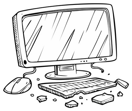 Cartoon style PC computer workstation featuring broken keyboard, mouse and monitor screen on white surface