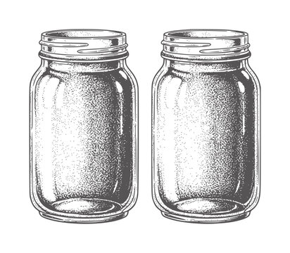 Two empty glass mason jars with threaded necks and stippled shading container
