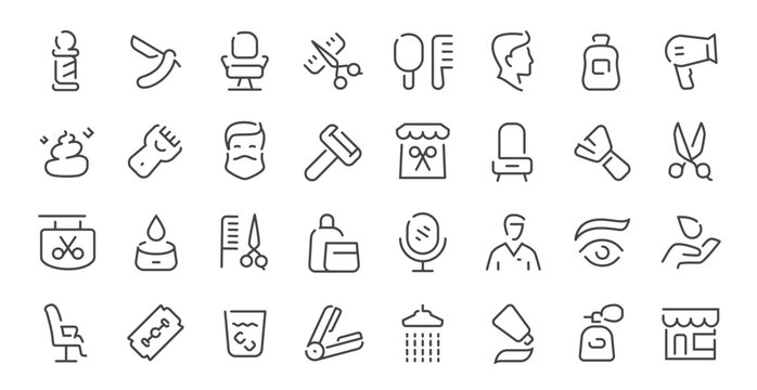 Barbershop icons set line style. Barber tools, haircut, beard, shaving vector collection symbols