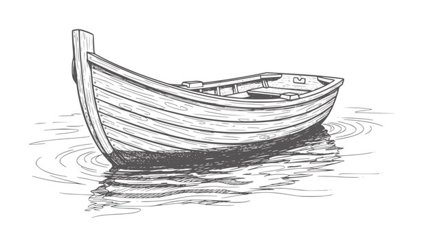 Wooden rowboat floating rippling water in a style ripples