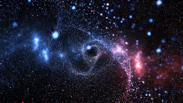 inquadratura panoramica che si sposta in senso frontale tra un campo infinito di particelle di luce di colore azzurro e rosso, in uno spazio astronomico di fantasia oscuro