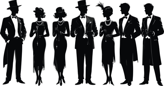 Roaring Twenties silhouettes, vintage fashion elegance, flapper dress style, tuxedo gentlemen, cocktail party celebration, art deco glamour, champagne social gathering