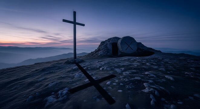 Silhouette of large wooden cross on hill with open tomb and stone at sunrise background.