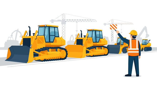 Construction site with bulldozers and worker directing traffic.