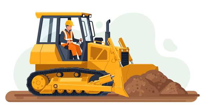 Construction worker operating a yellow bulldozer on a dirt pile.