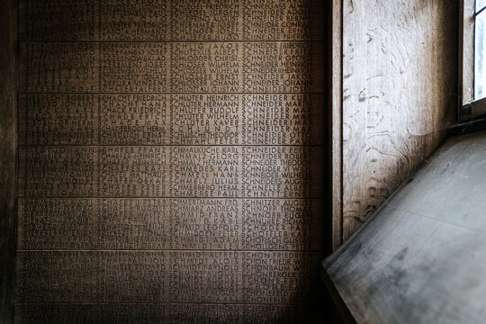 Interior memorial room with names of fallen soldiers, Langemark, Belgium