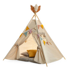 Stylish wigwam for child's room with pillows isolated on white © New Africa